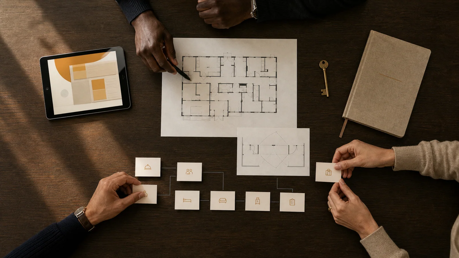A team mapping property workflows with floor plans, service cards, and a tablet on a dark oak table